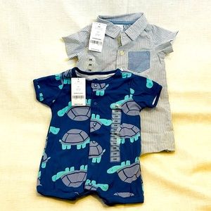 Infants Boys 2PC Carter’s Blue button down rompers SIZE 3 months NWT